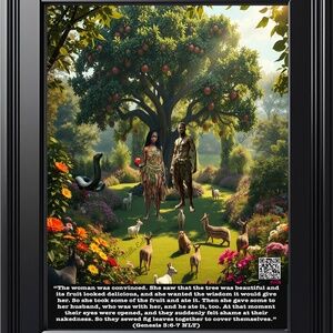 Vibrant Adam & Eve in Enchanting Garden of Eden: Captivating Art of Disobedience